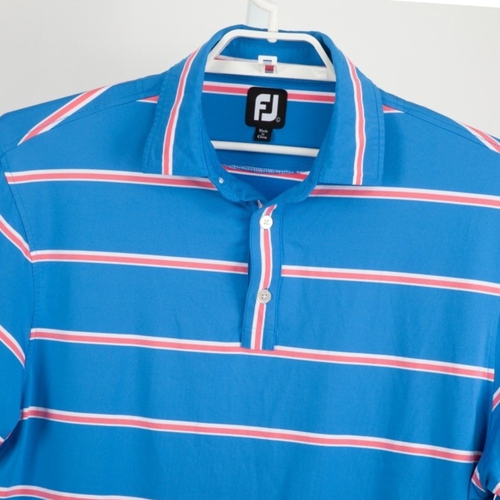 FootJoy Polo Shirt Mens Large Blue Pink Striped Performance Golf Fox Logo L